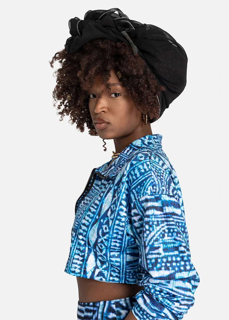 Nzinga African Print Adire Lapel Collar Cropped Sweatshirt