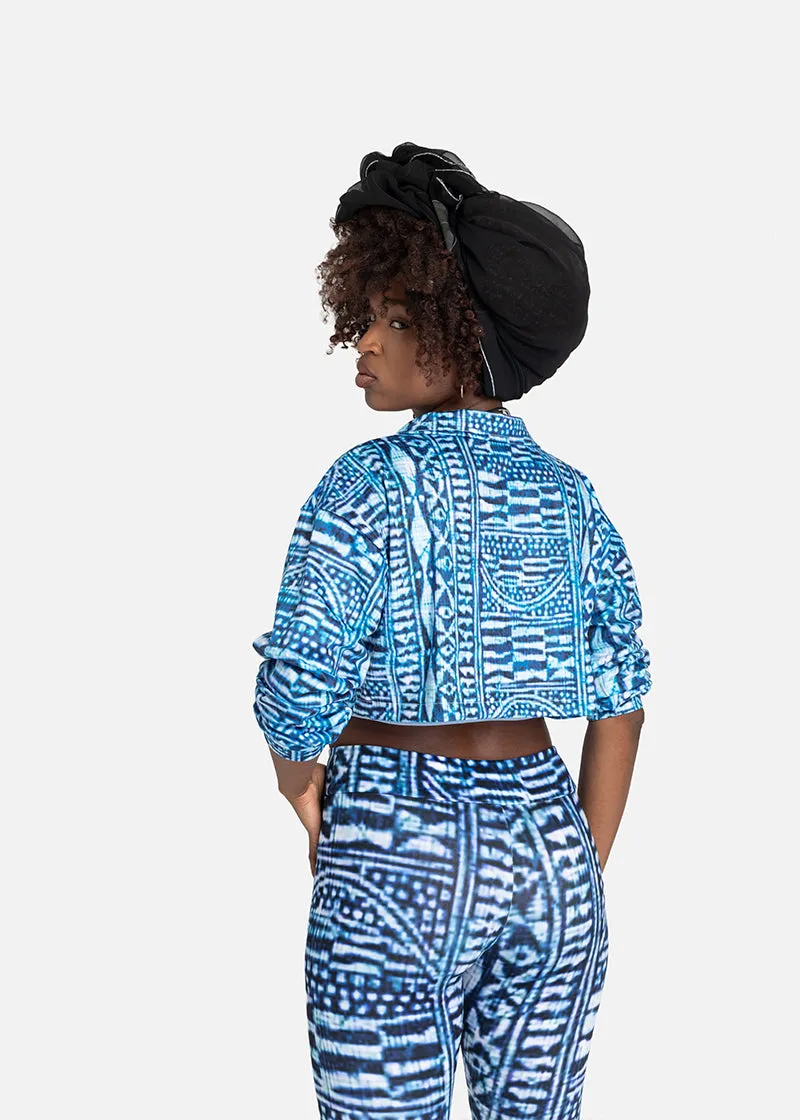 Nzinga African Print Adire Lapel Collar Cropped Sweatshirt