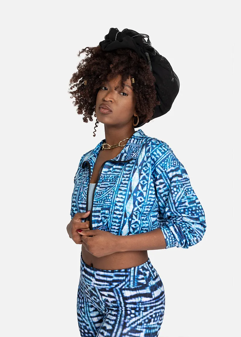 Nzinga African Print Adire Lapel Collar Cropped Sweatshirt