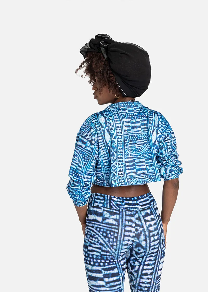 Nzinga African Print Adire Lapel Collar Cropped Sweatshirt