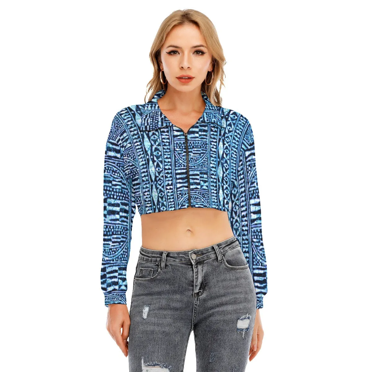 Nzinga African Print Adire Lapel Collar Cropped Sweatshirt