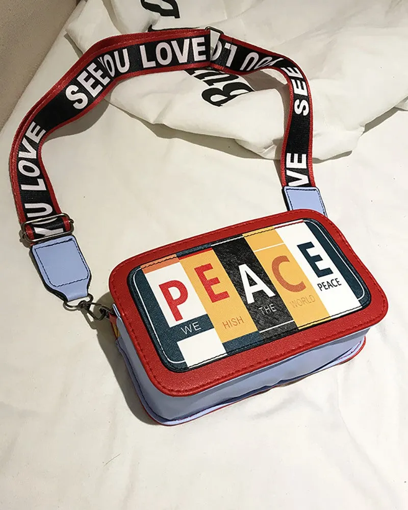 Peace & Love - Letter Print Color block Crossbody Bag