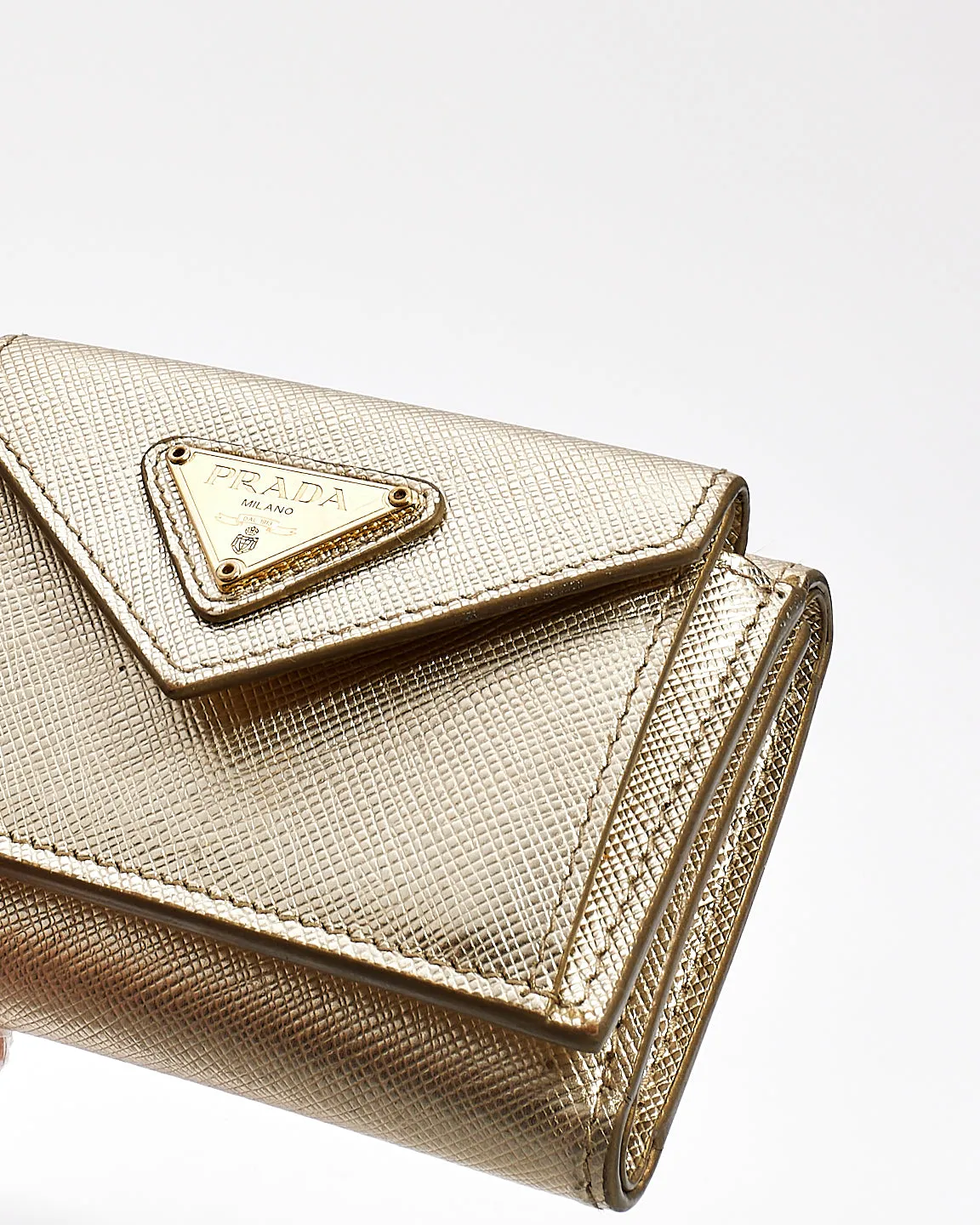 Prada Metallic Gold Saffiano Leather Small Continental Wallet