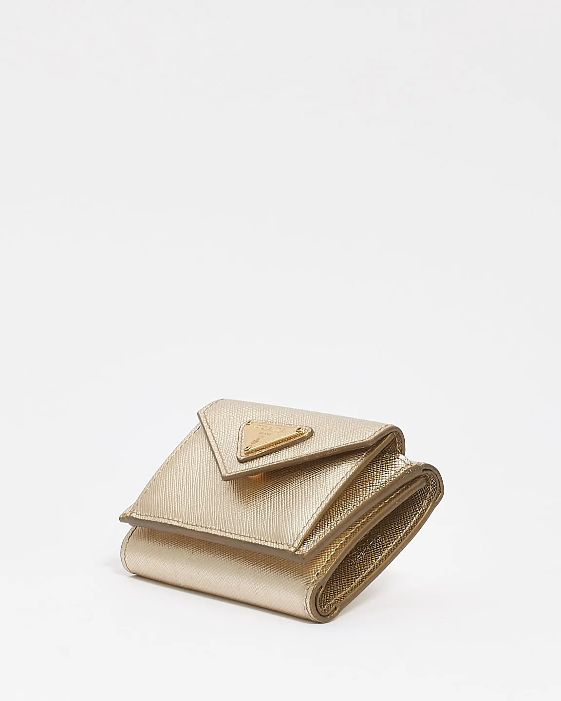 Prada Metallic Gold Saffiano Leather Small Continental Wallet