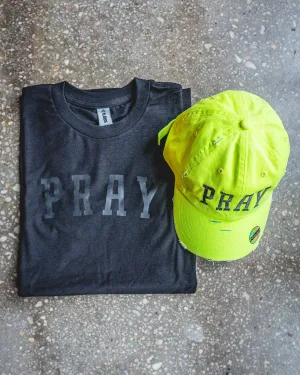 PRAY Adult Box T-Shirt & Neon Yellow Distressed Hat Bundle
