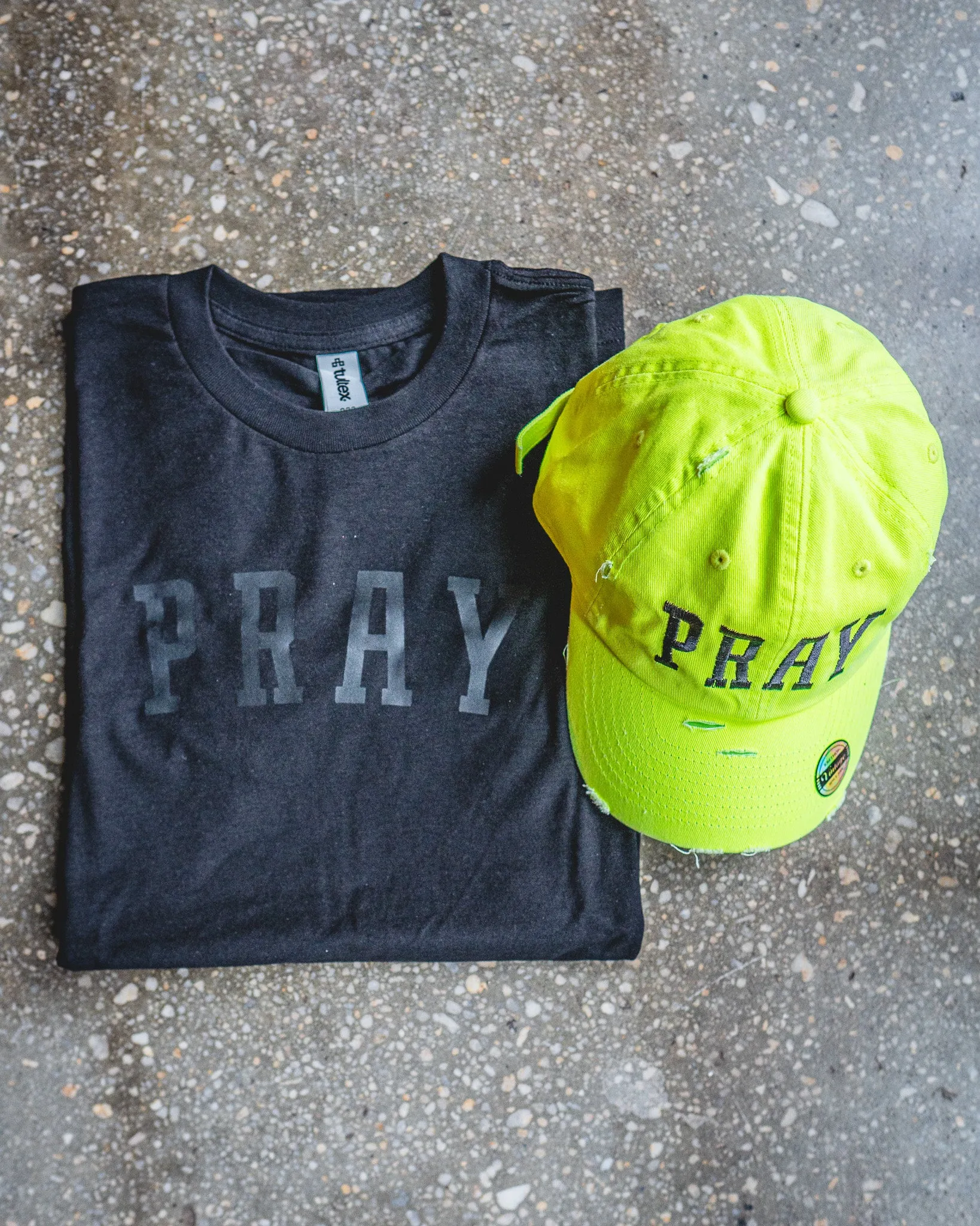 PRAY Adult Box T-Shirt & Neon Yellow Distressed Hat Bundle