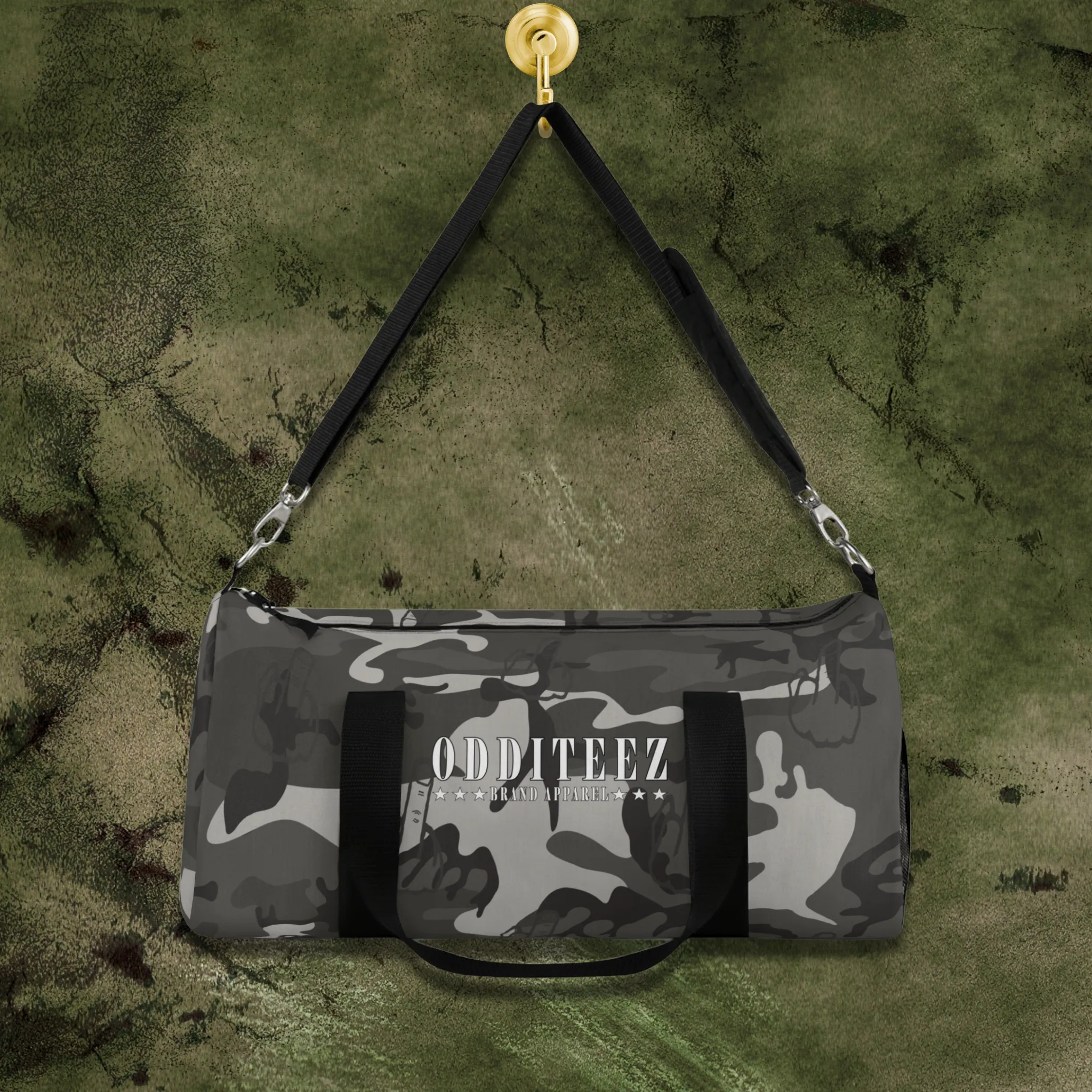 "Not So Subtle" Flip the Bird camouflage pattern design, Black Camo Small & Large Gym Duffel Bags