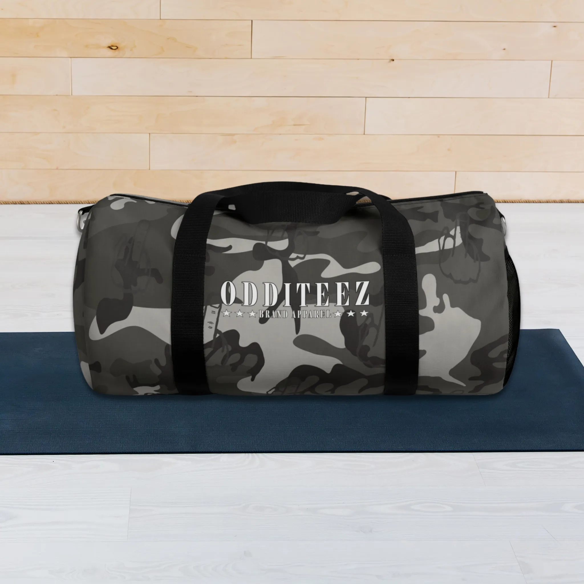 "Not So Subtle" Flip the Bird camouflage pattern design, Black Camo Small & Large Gym Duffel Bags