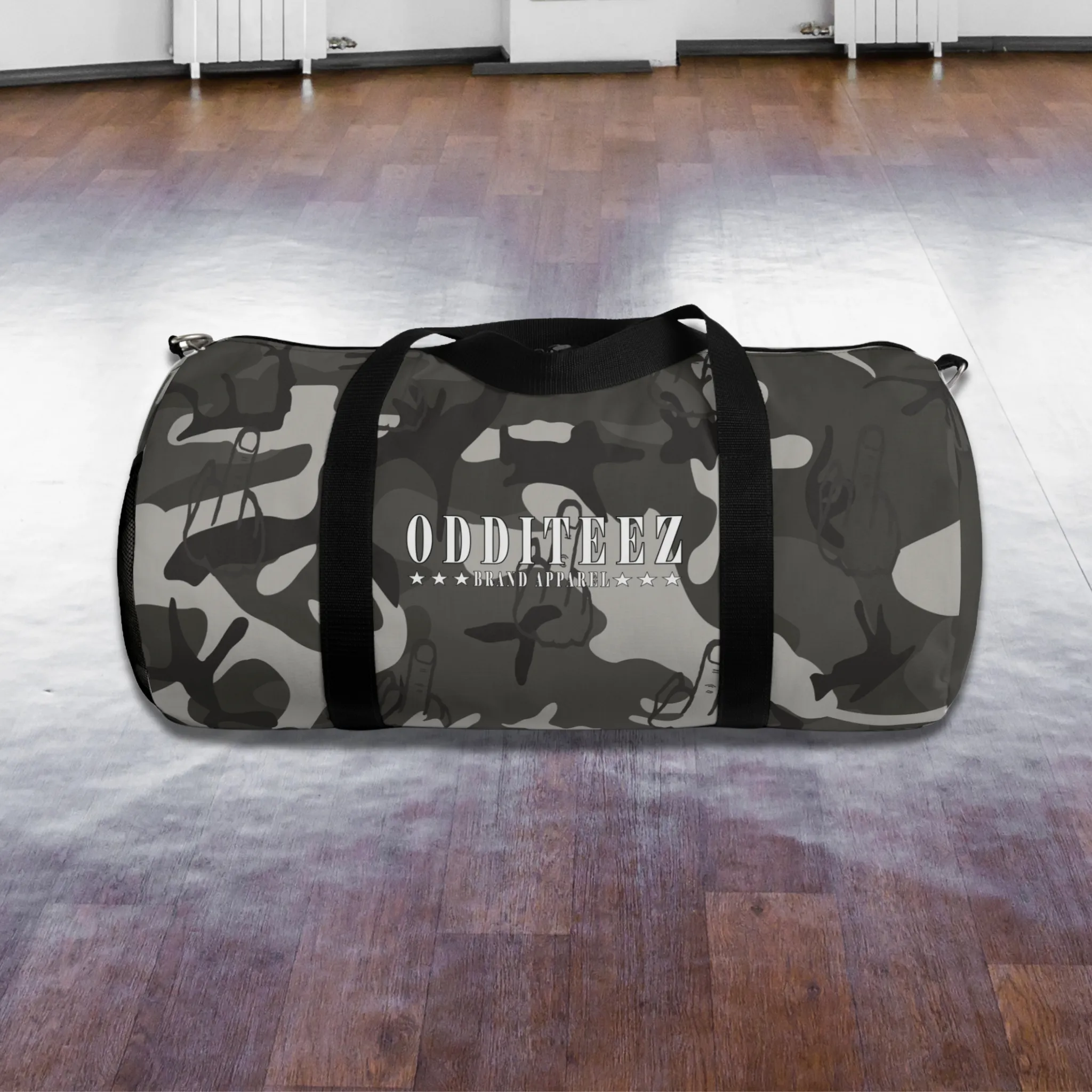 "Not So Subtle" Flip the Bird camouflage pattern design, Black Camo Small & Large Gym Duffel Bags
