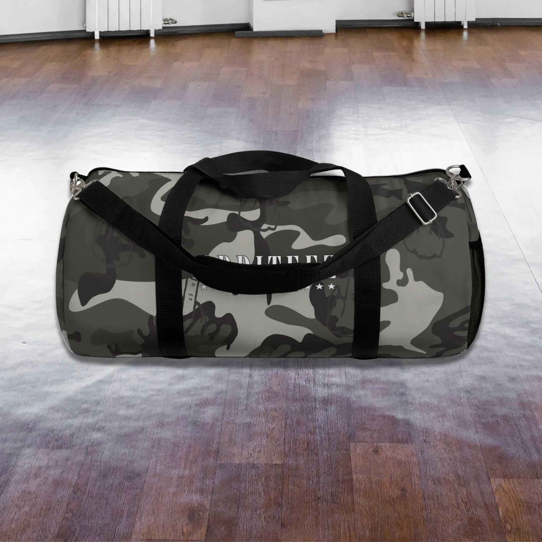 "Not So Subtle" Flip the Bird camouflage pattern design, Black Camo Small & Large Gym Duffel Bags