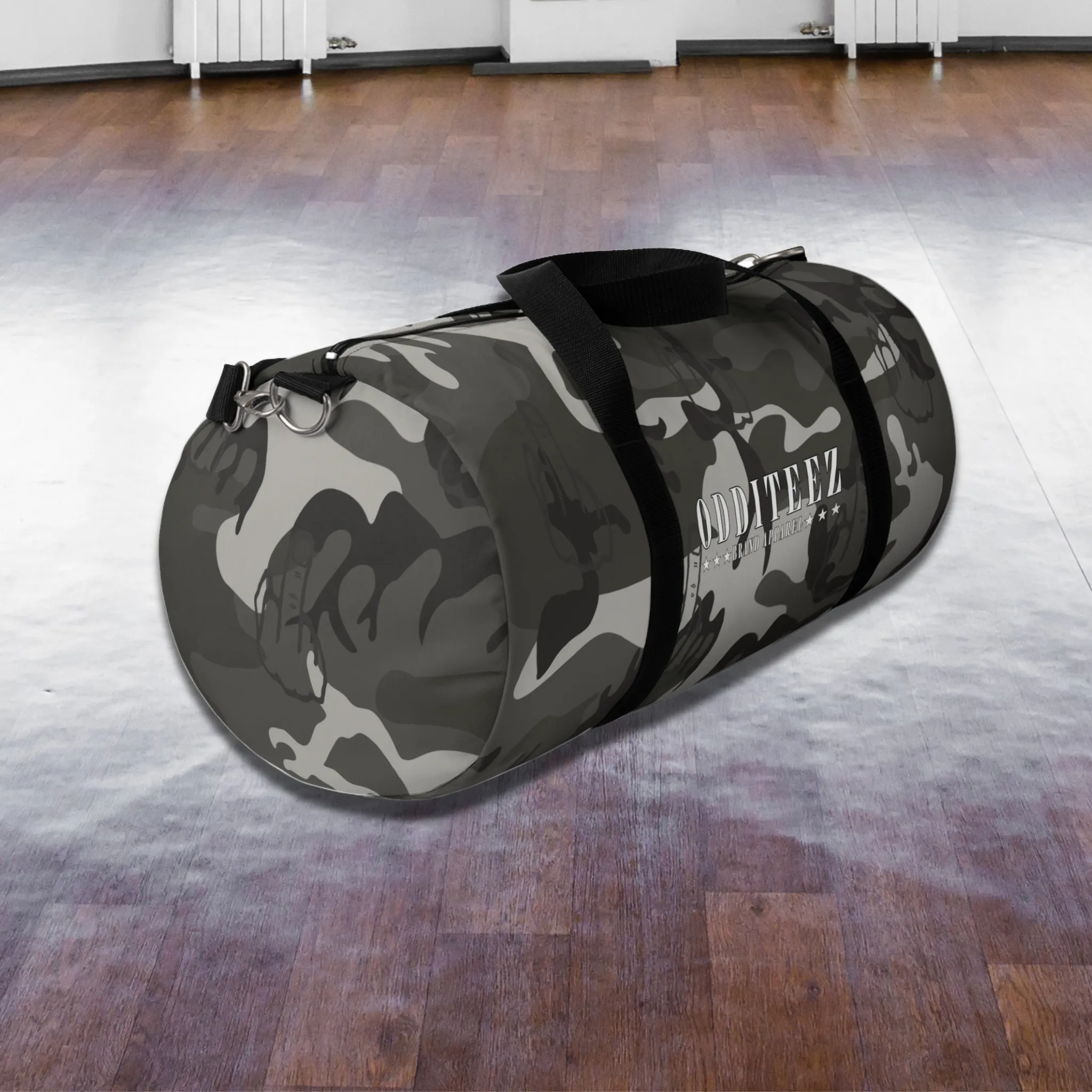 "Not So Subtle" Flip the Bird camouflage pattern design, Black Camo Small & Large Gym Duffel Bags
