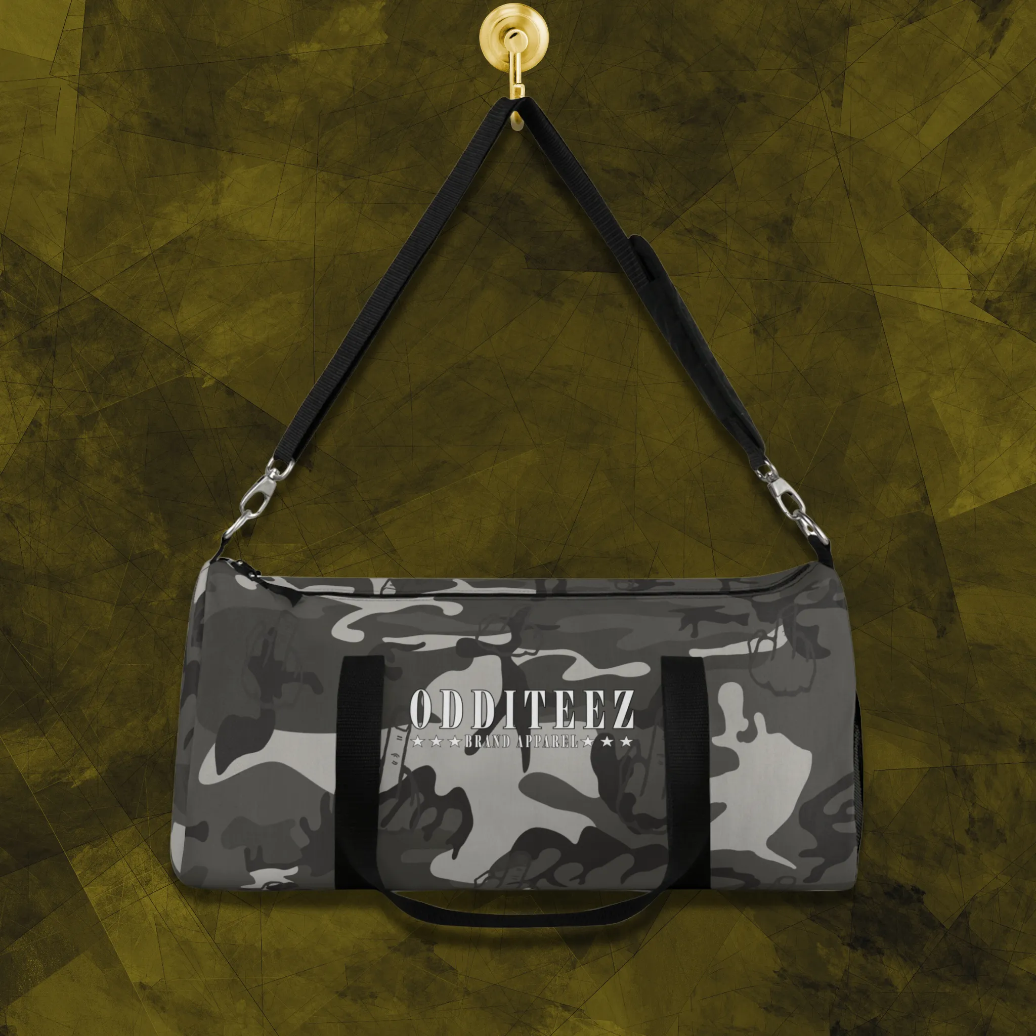 "Not So Subtle" Flip the Bird camouflage pattern design, Black Camo Small & Large Gym Duffel Bags