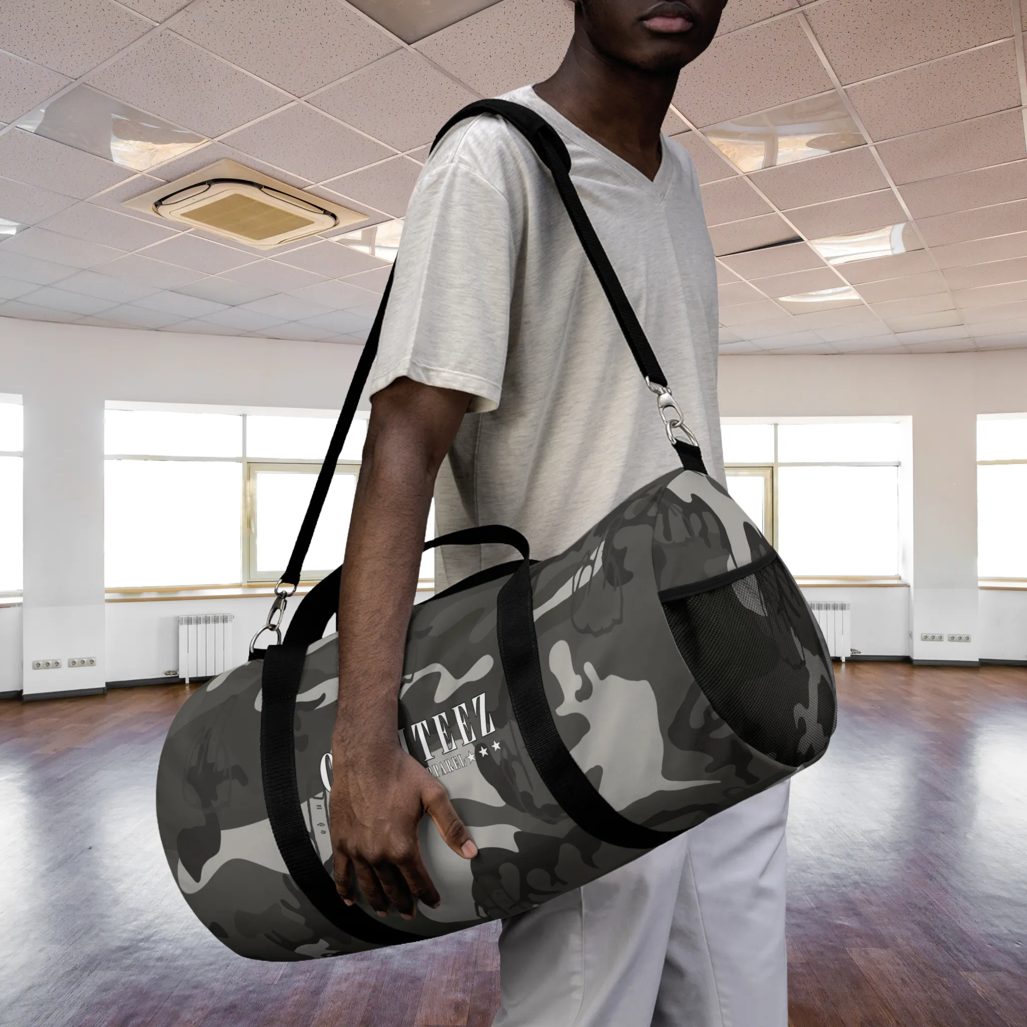 "Not So Subtle" Flip the Bird camouflage pattern design, Black Camo Small & Large Gym Duffel Bags