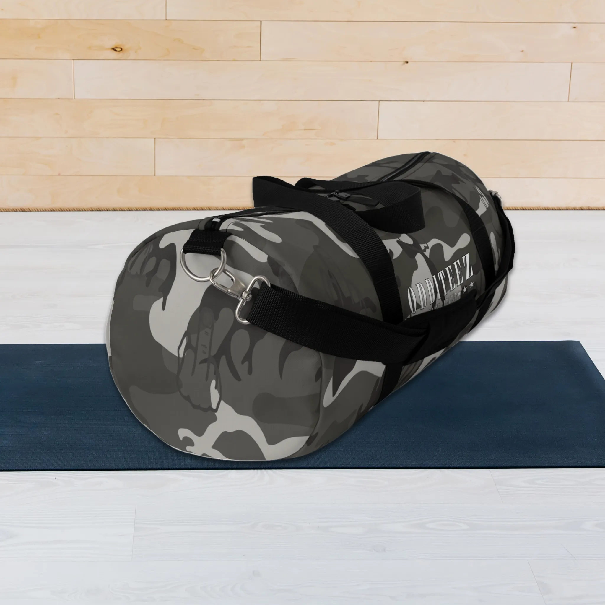 "Not So Subtle" Flip the Bird camouflage pattern design, Black Camo Small & Large Gym Duffel Bags
