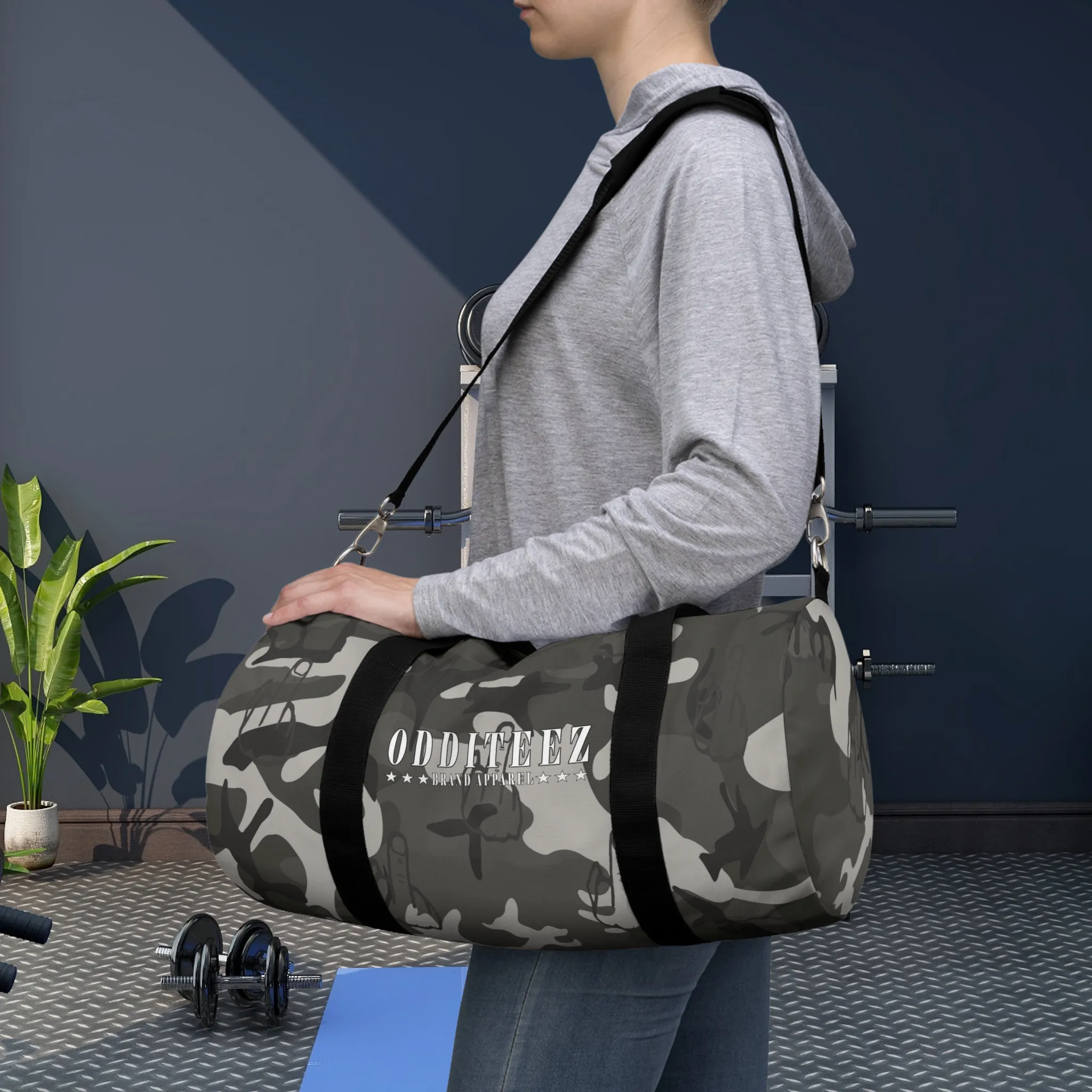 "Not So Subtle" Flip the Bird camouflage pattern design, Black Camo Small & Large Gym Duffel Bags