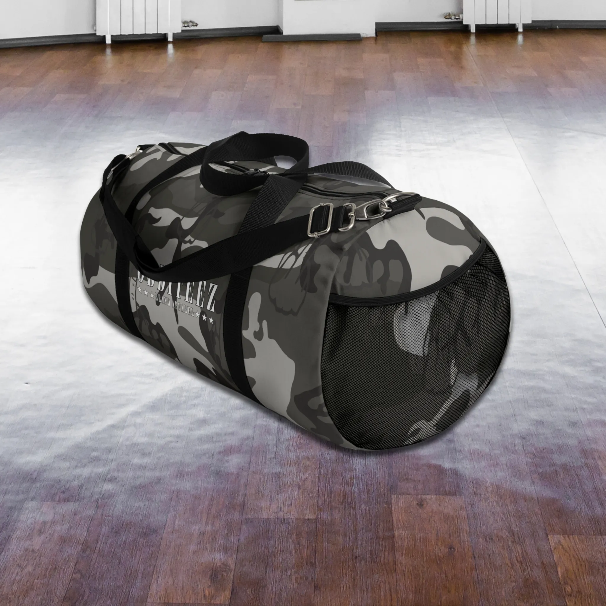 "Not So Subtle" Flip the Bird camouflage pattern design, Black Camo Small & Large Gym Duffel Bags