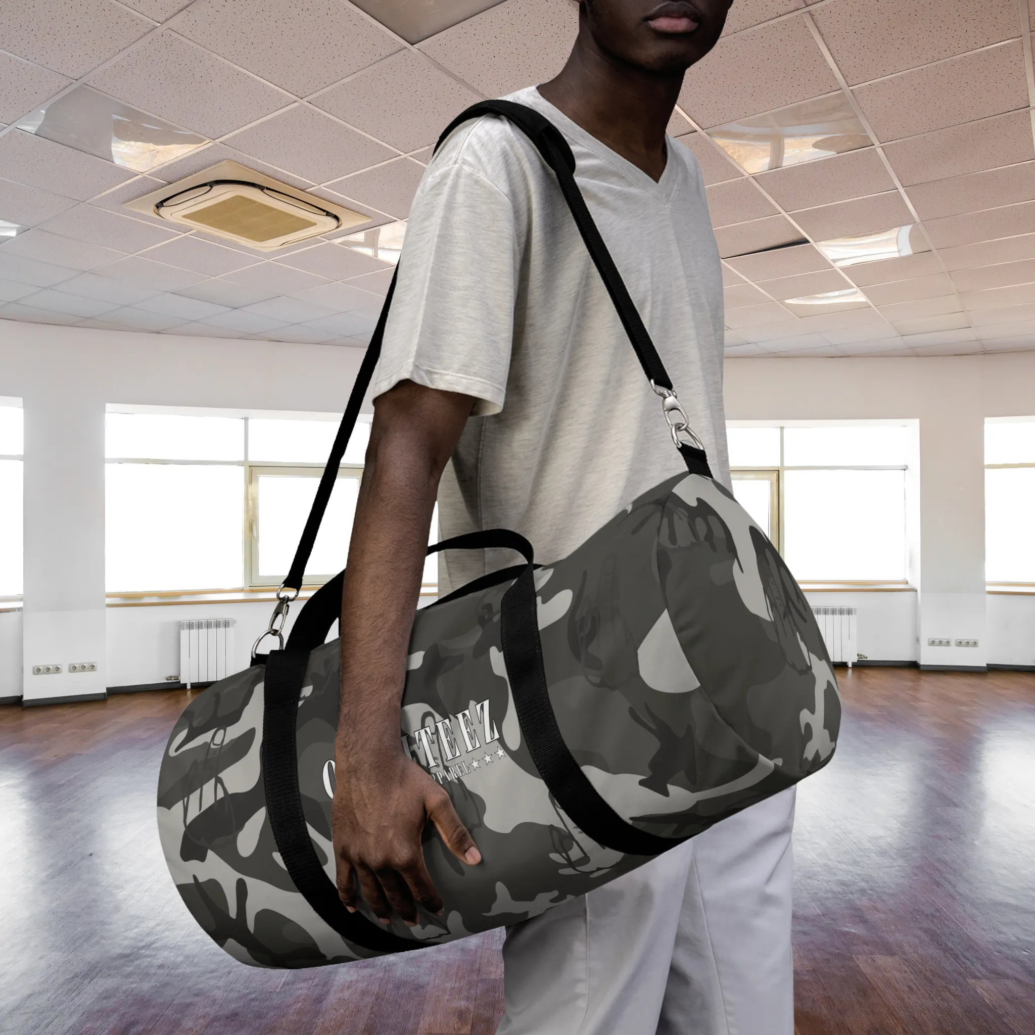 "Not So Subtle" Flip the Bird camouflage pattern design, Black Camo Small & Large Gym Duffel Bags