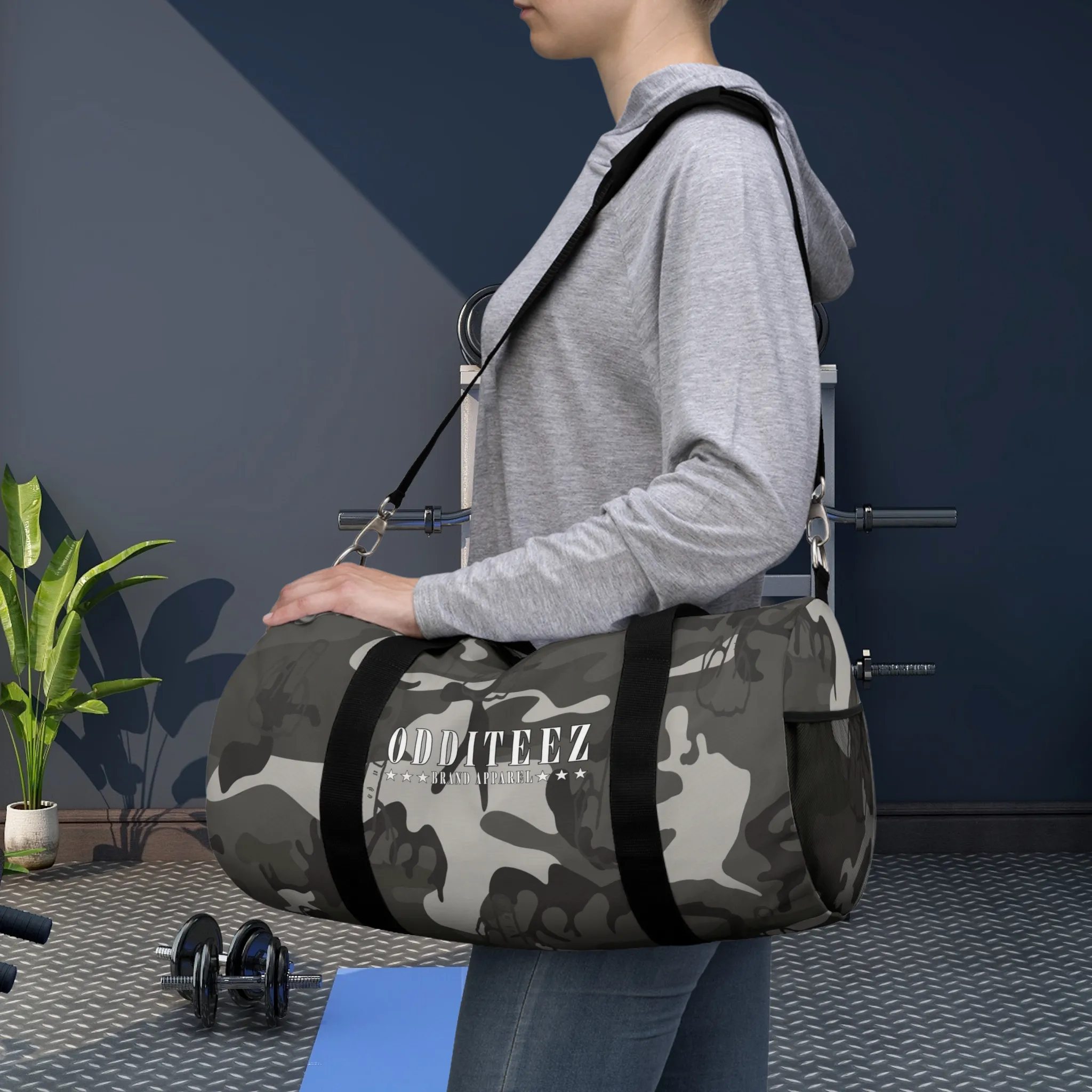 "Not So Subtle" Flip the Bird camouflage pattern design, Black Camo Small & Large Gym Duffel Bags