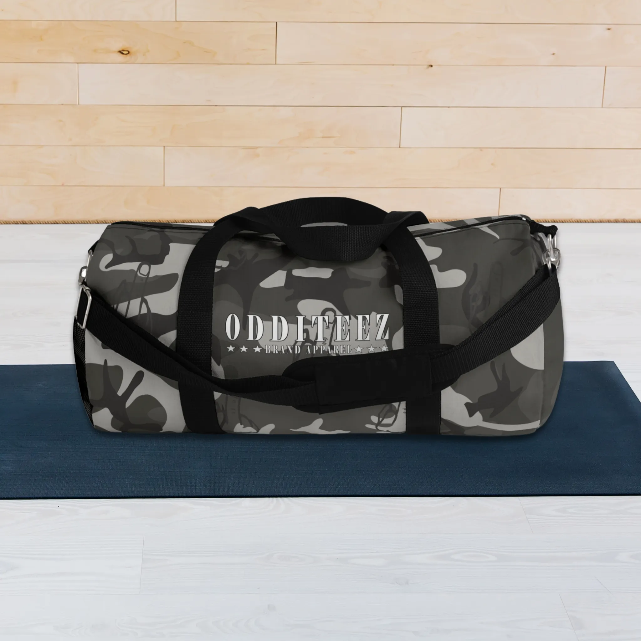 "Not So Subtle" Flip the Bird camouflage pattern design, Black Camo Small & Large Gym Duffel Bags