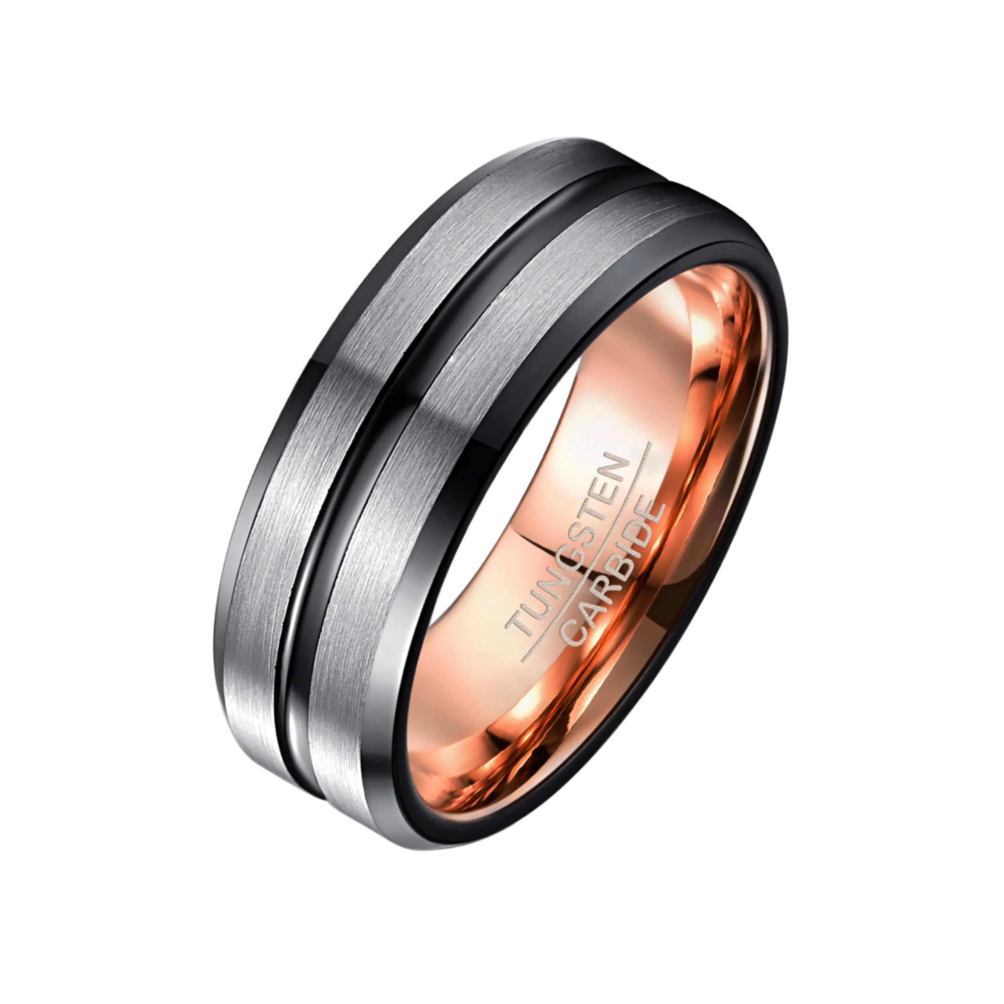 Rose Gold Inner Ring & Black Bevel Groove Tungsten Carbide Men's Ring