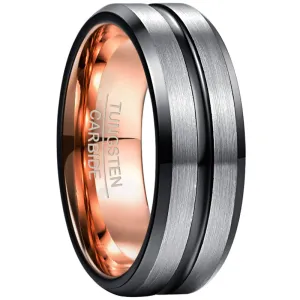 Rose Gold Inner Ring & Black Bevel Groove Tungsten Carbide Men's Ring