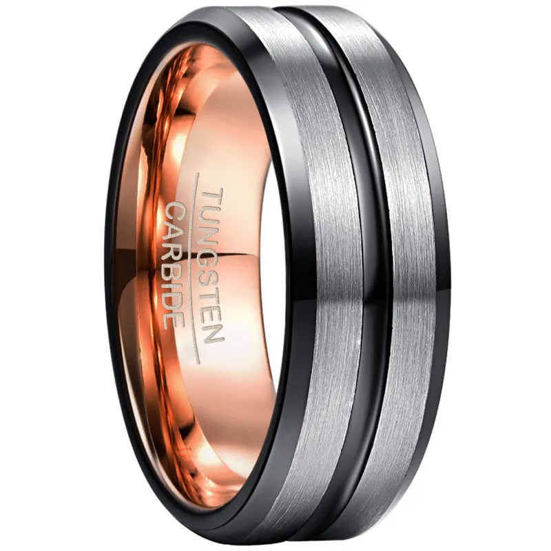 Rose Gold Inner Ring & Black Bevel Groove Tungsten Carbide Men's Ring