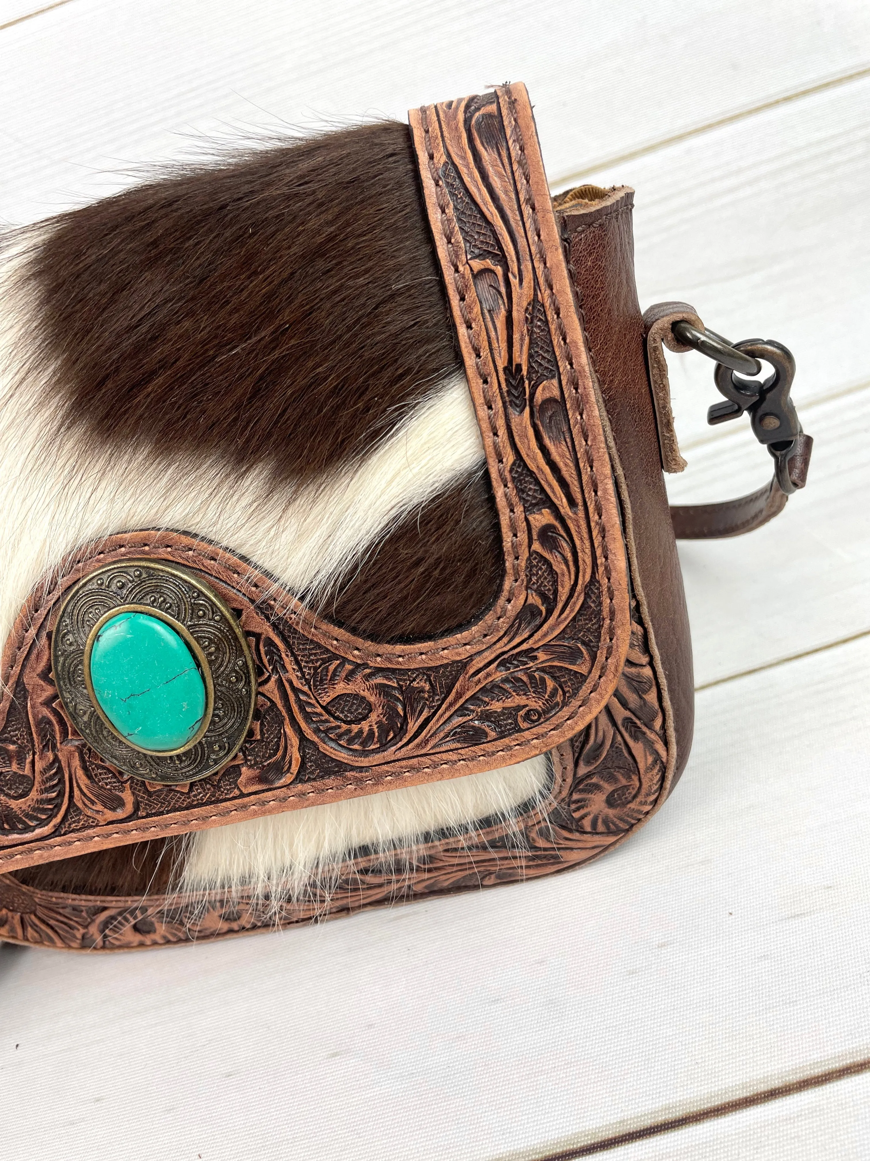 Safford Cowhide Tooled Border Crossbody Purse