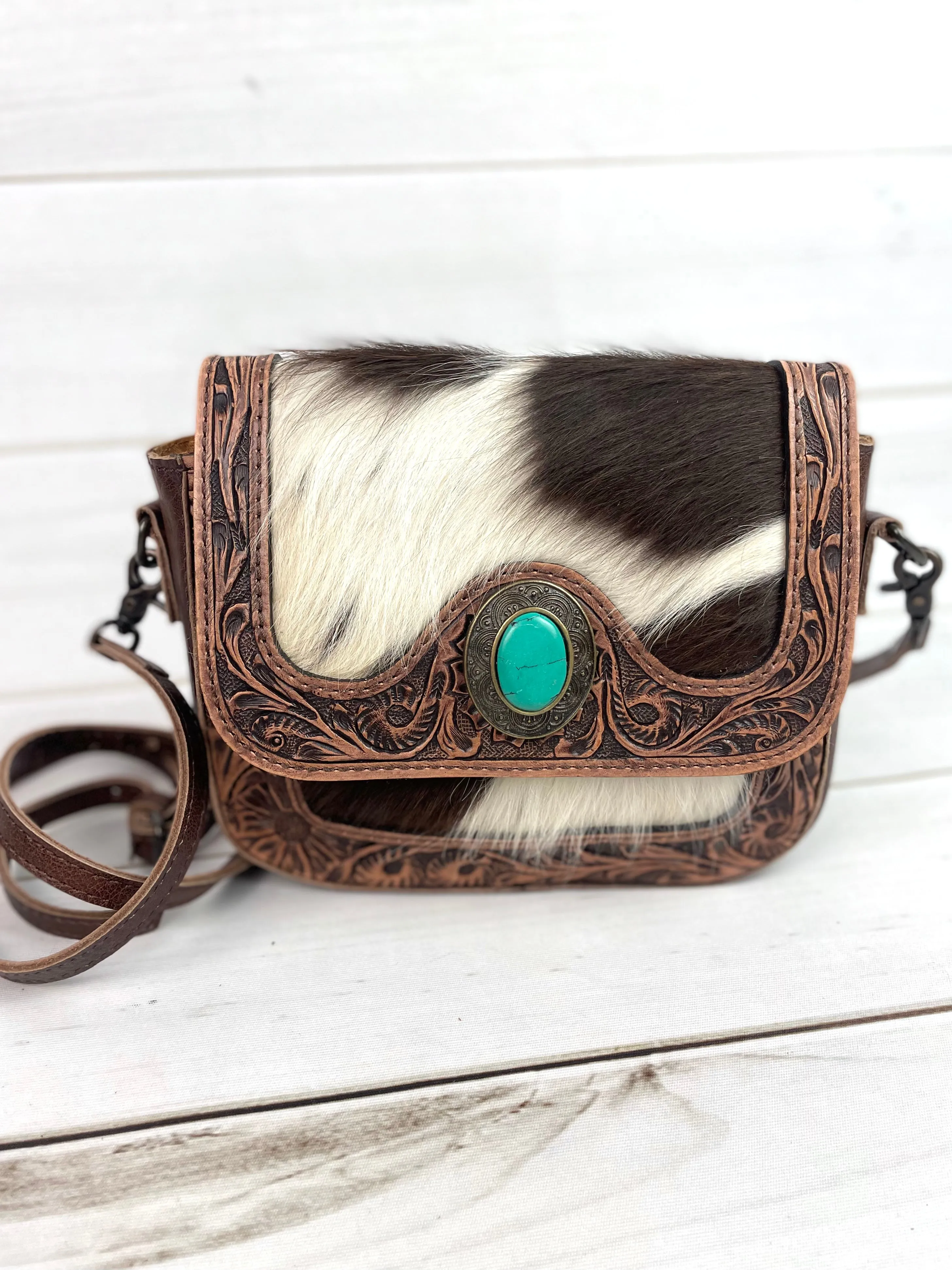Safford Cowhide Tooled Border Crossbody Purse