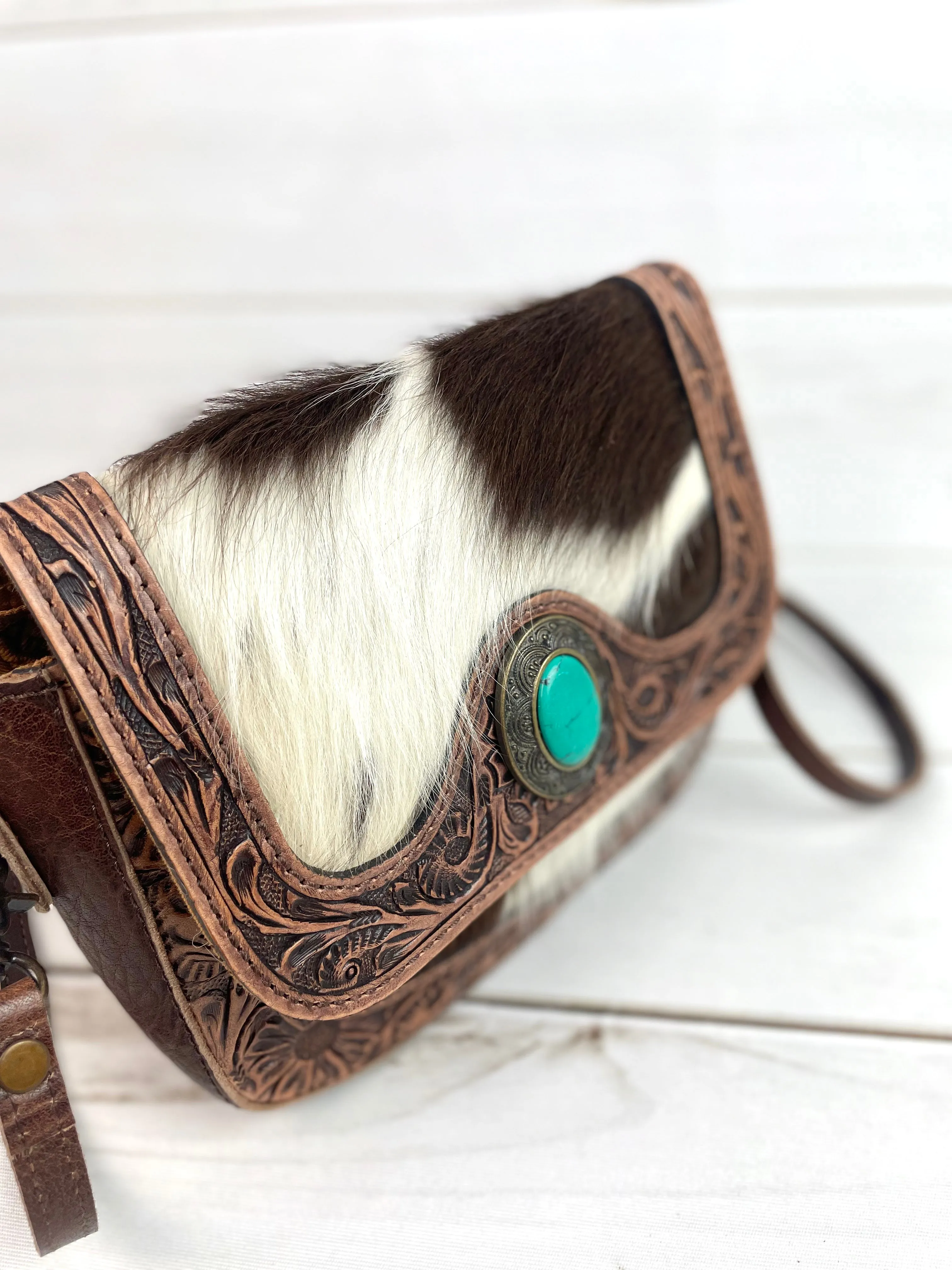 Safford Cowhide Tooled Border Crossbody Purse