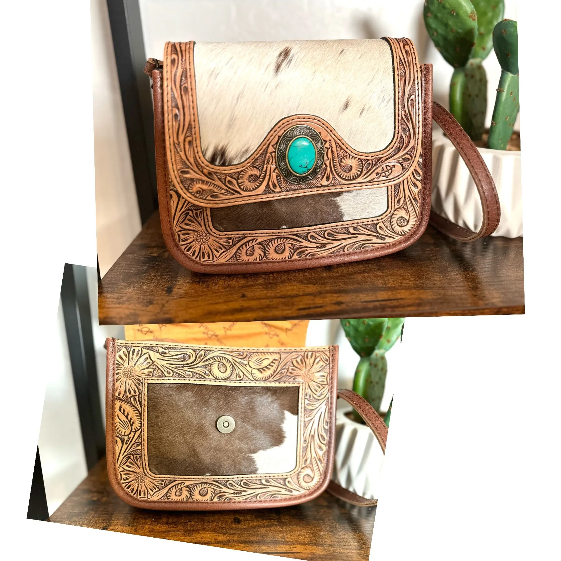 Safford Cowhide Tooled Border Crossbody Purse