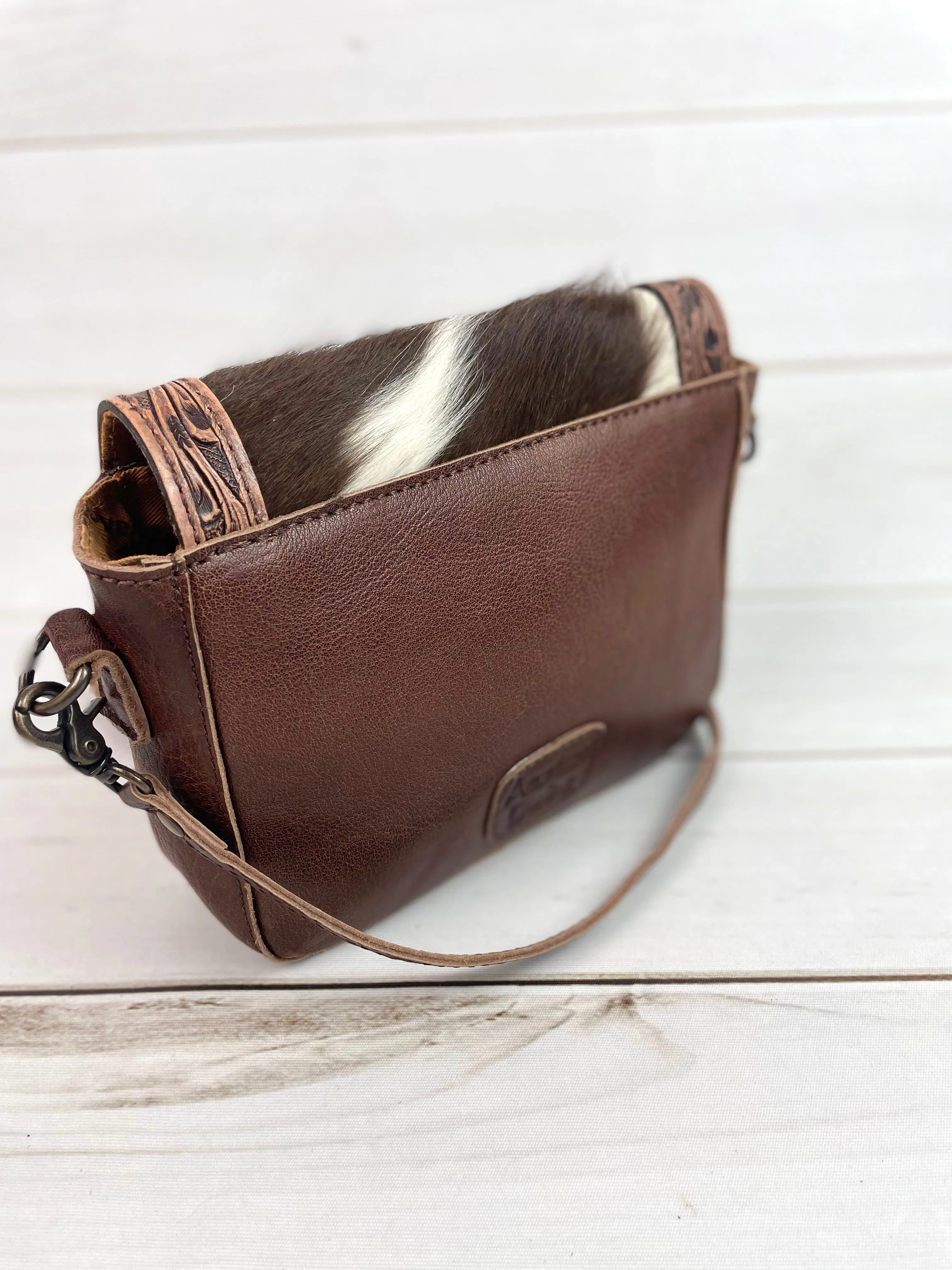 Safford Cowhide Tooled Border Crossbody Purse