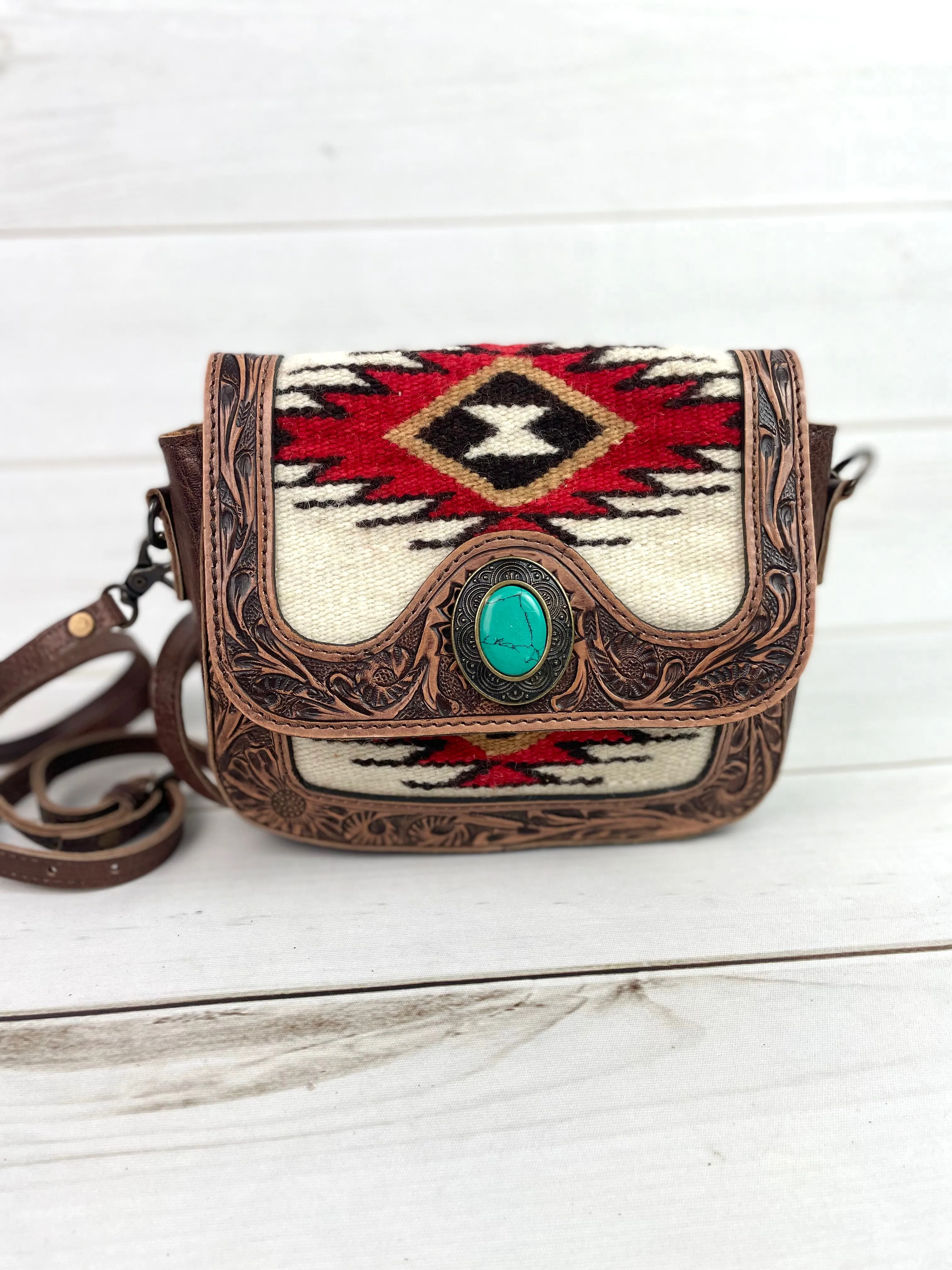 Safford Red & Cream Wool Leather Tooled Border Crossbody Purse