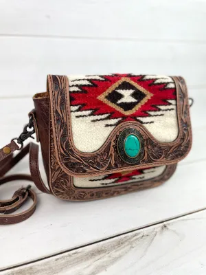 Safford Red & Cream Wool Leather Tooled Border Crossbody Purse