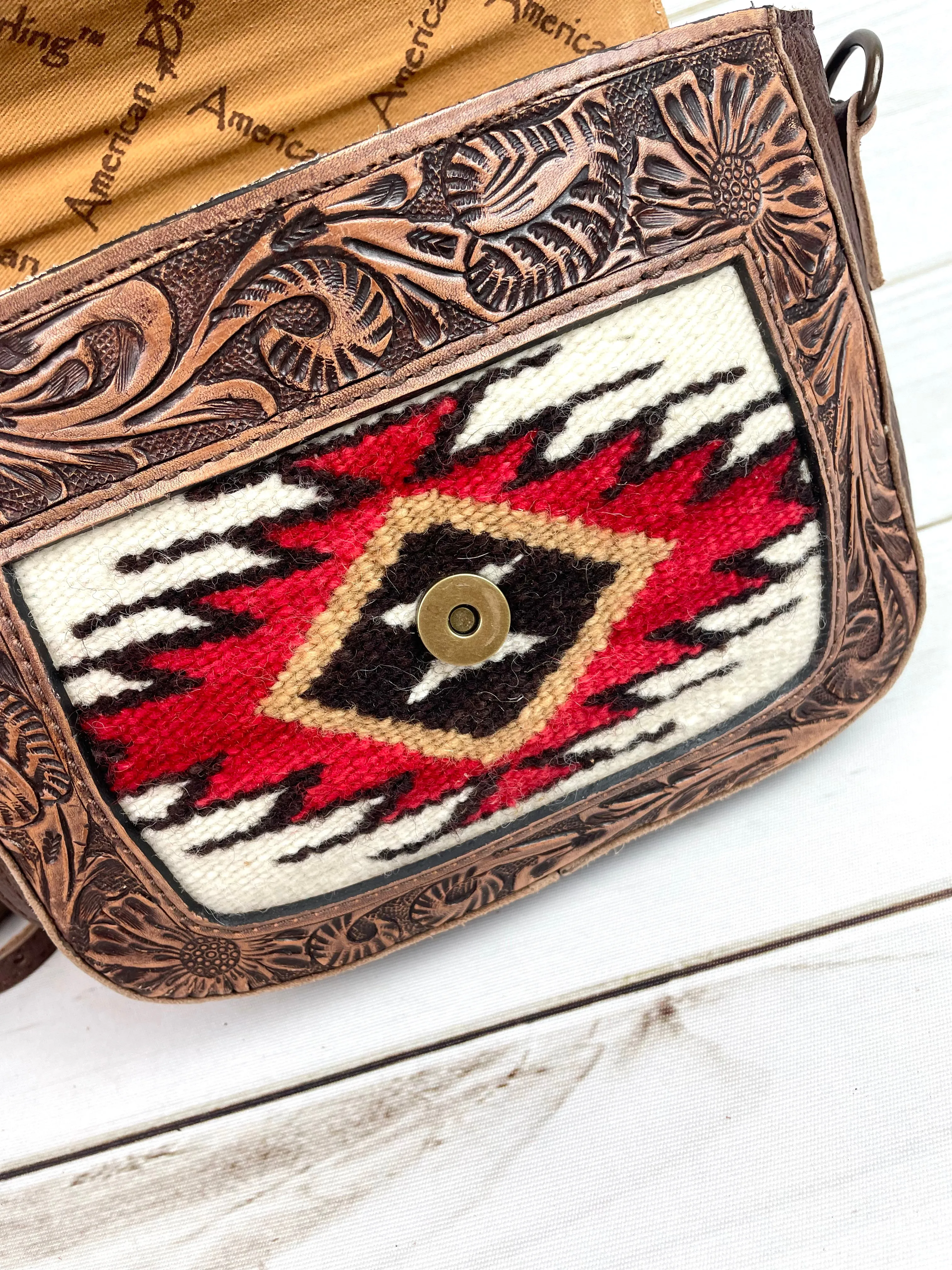 Safford Red & Cream Wool Leather Tooled Border Crossbody Purse