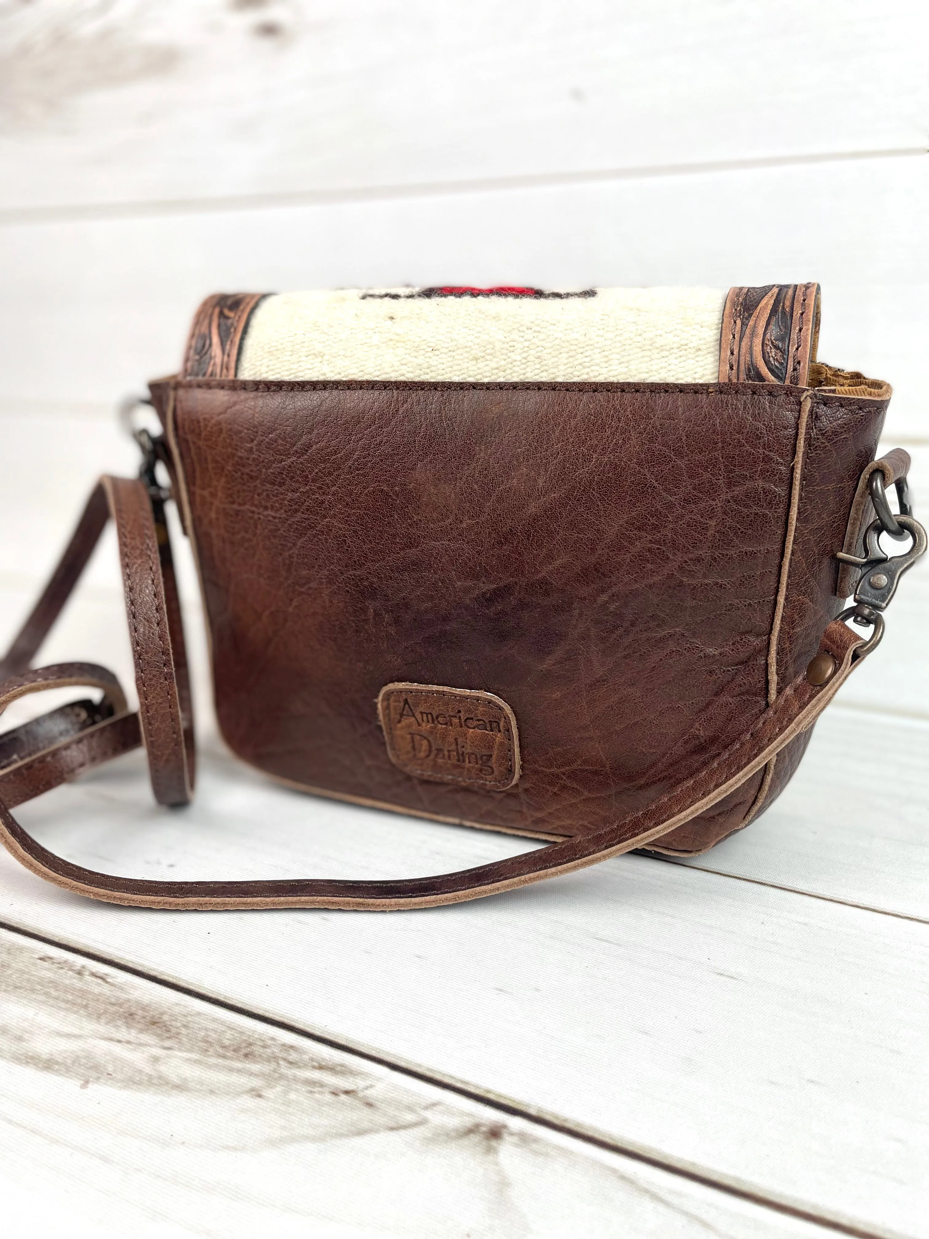 Safford Red & Cream Wool Leather Tooled Border Crossbody Purse