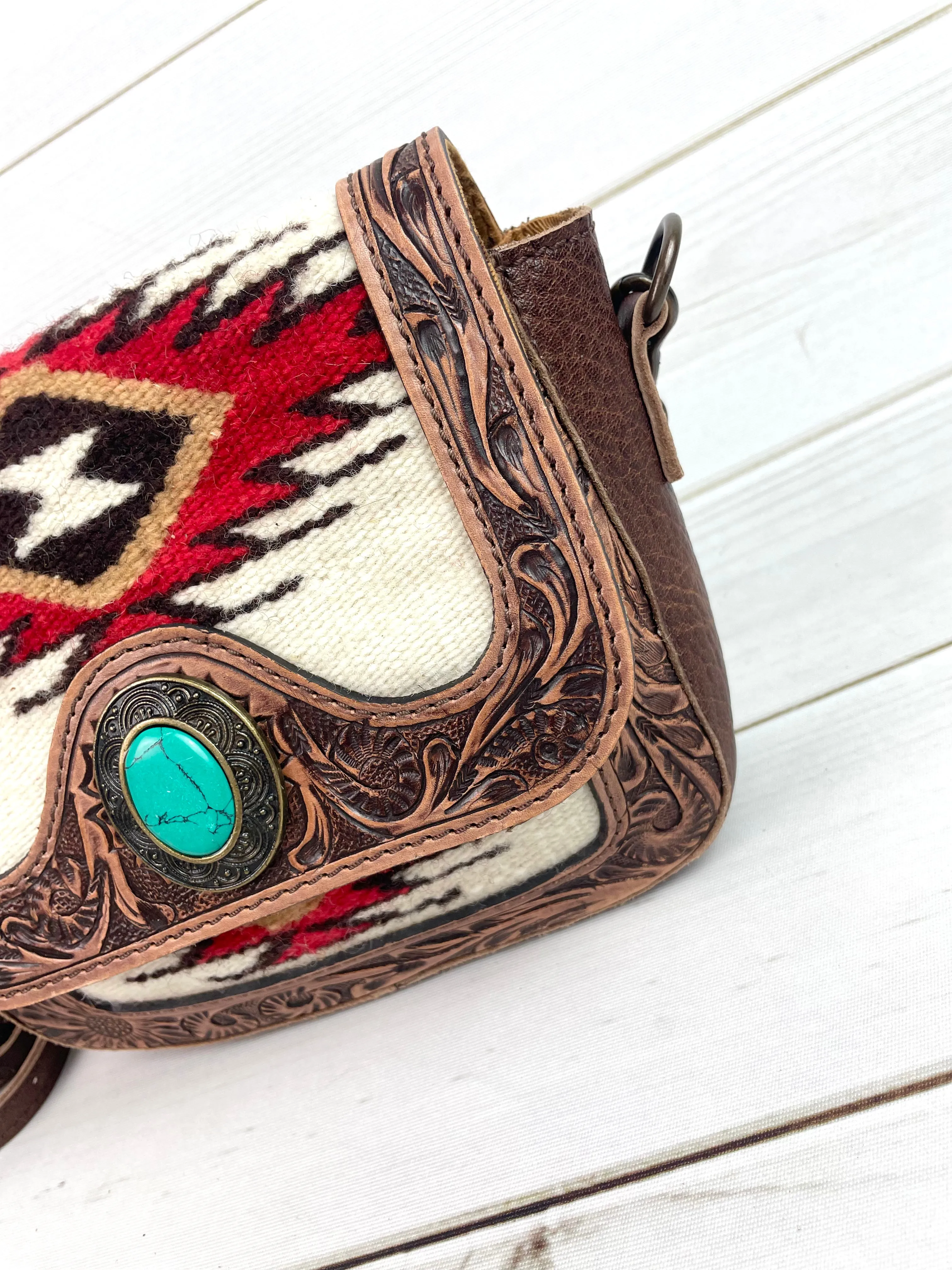 Safford Red & Cream Wool Leather Tooled Border Crossbody Purse