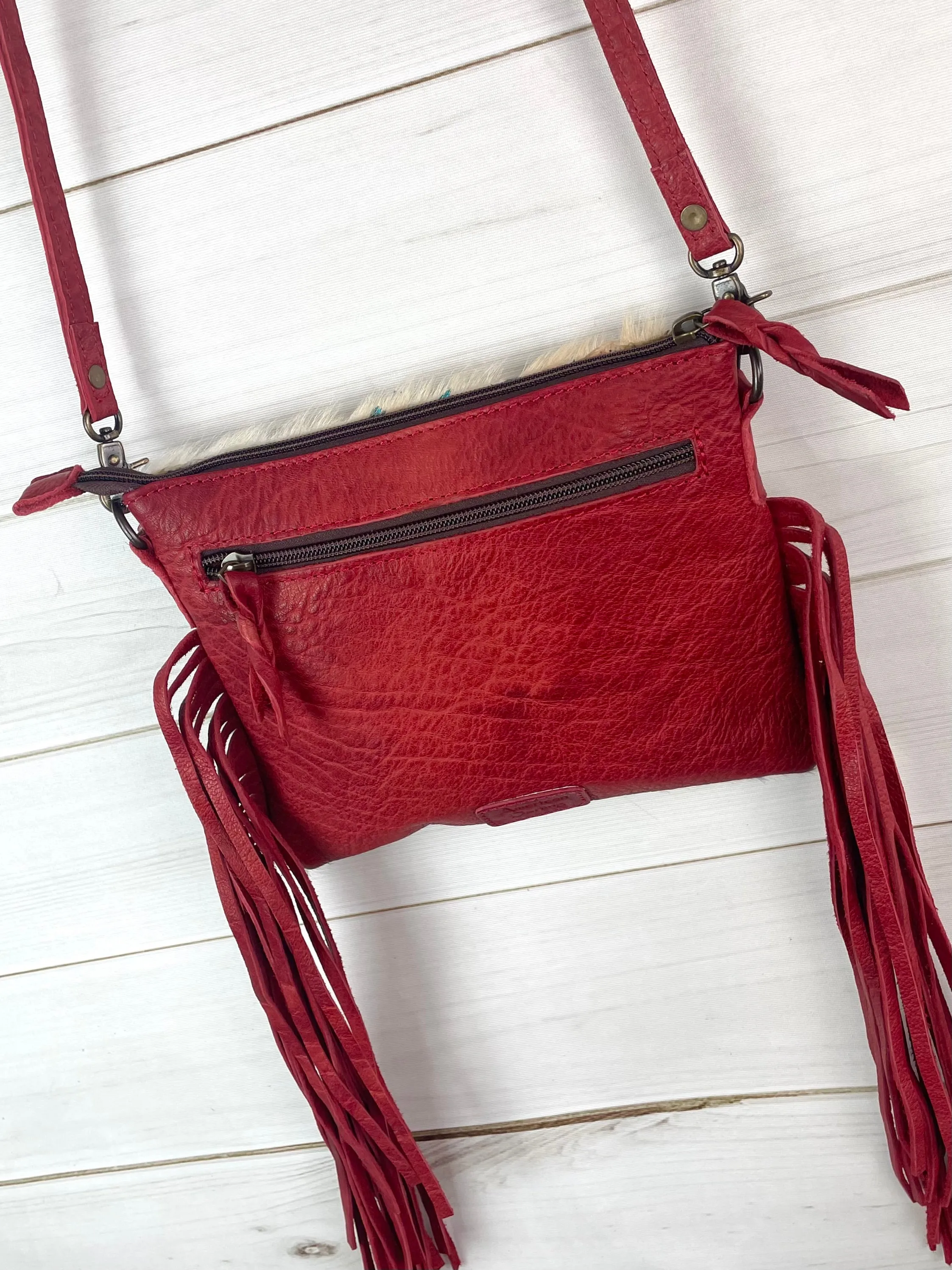 SALE! Brown White Hide Red Leather Fringe Handbag