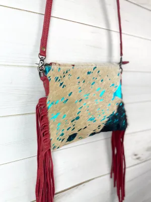 SALE! Brown White Hide Red Leather Fringe Handbag