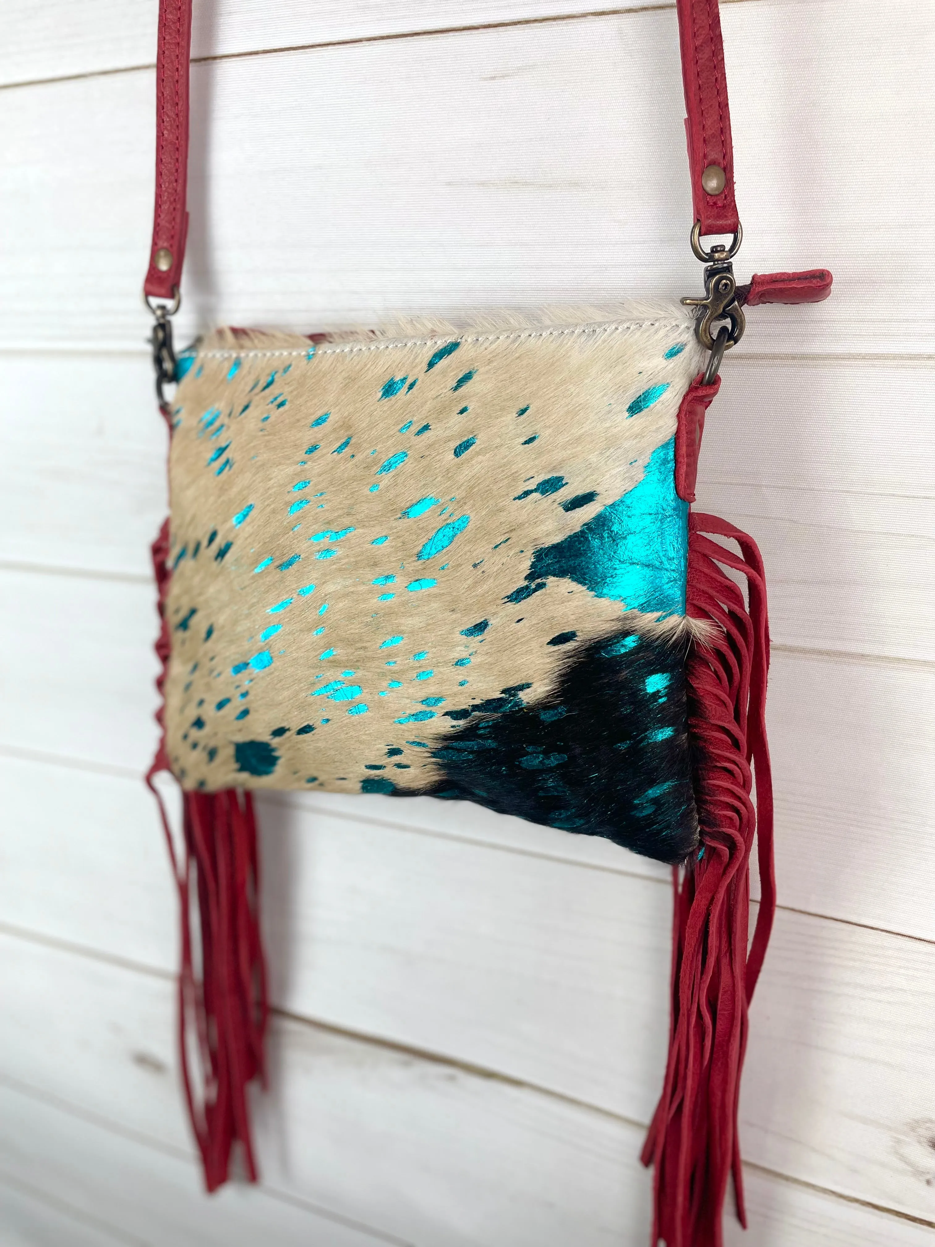 SALE! Brown White Hide Red Leather Fringe Handbag