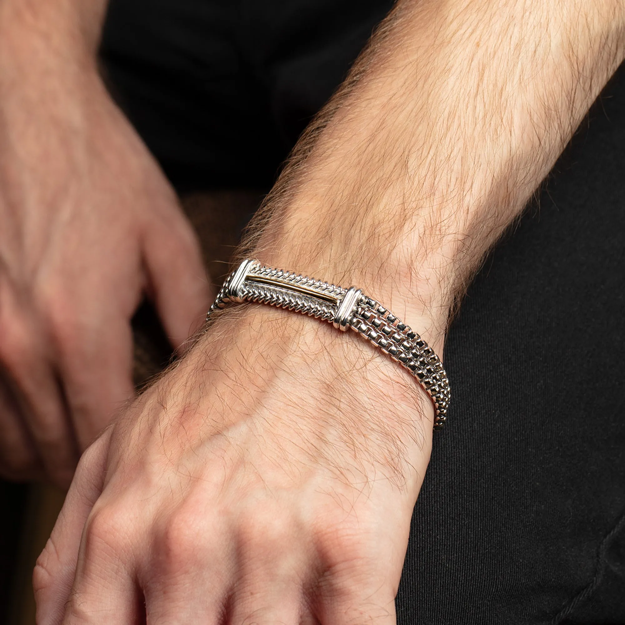 Silver & 18K Gold Men's Box Link ID Bracelet