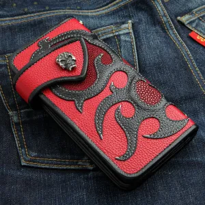 Skull Snap Tribal Tattoo Genuine Leather Biker Chain Wallet