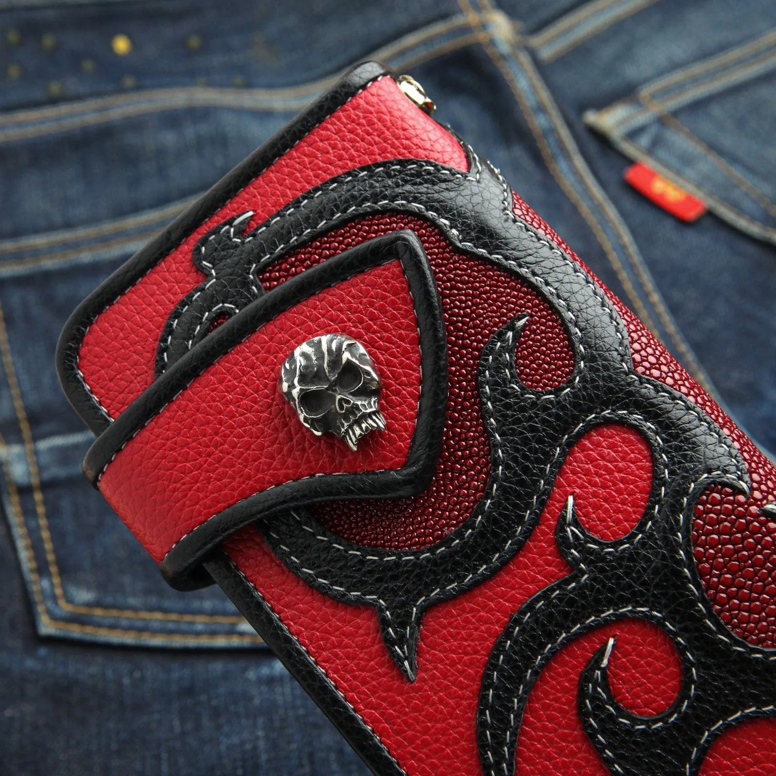 Skull Snap Tribal Tattoo Genuine Leather Biker Chain Wallet