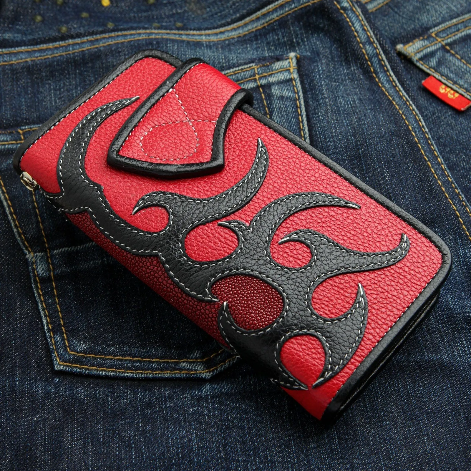 Skull Snap Tribal Tattoo Genuine Leather Biker Chain Wallet