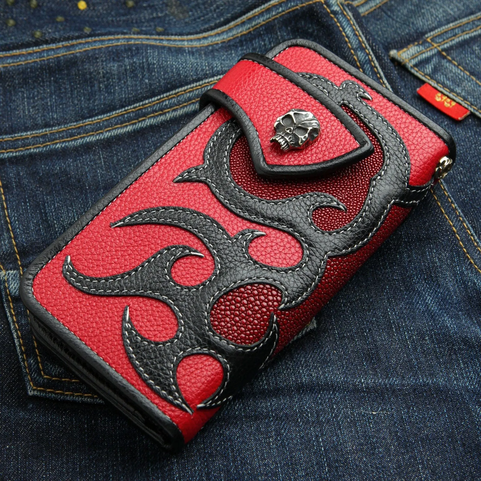 Skull Snap Tribal Tattoo Genuine Leather Biker Chain Wallet