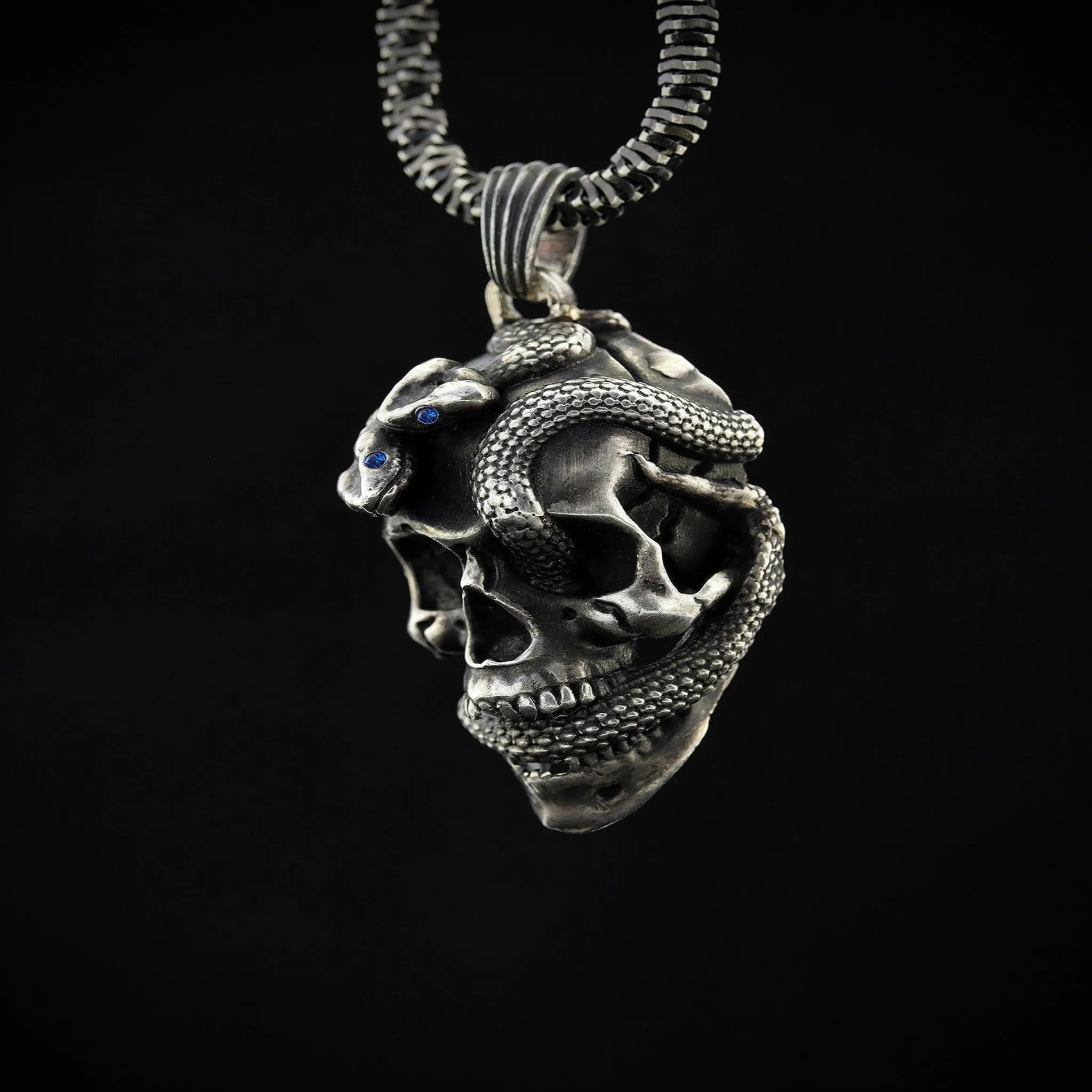 Sterling Silver Men's Skull and Snake Necklace