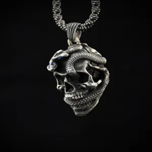 Sterling Silver Men's Skull and Snake Necklace