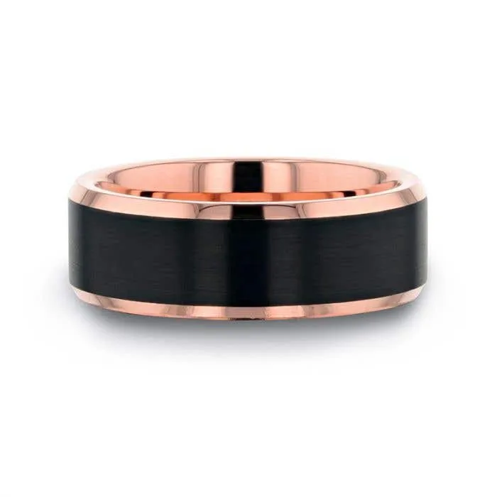 Thorsten HAYDEN Rose Gold Plated Tungsten Polished Beveled Ring with Brushed Black Center - 6mm & 8mm
