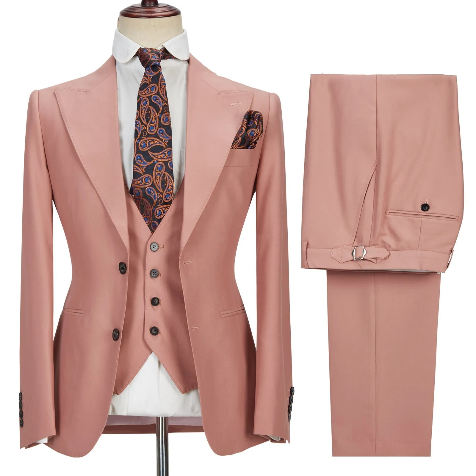 Three-piece Coral Pink Two Buttons Peak Lapel Custom design Men Suit