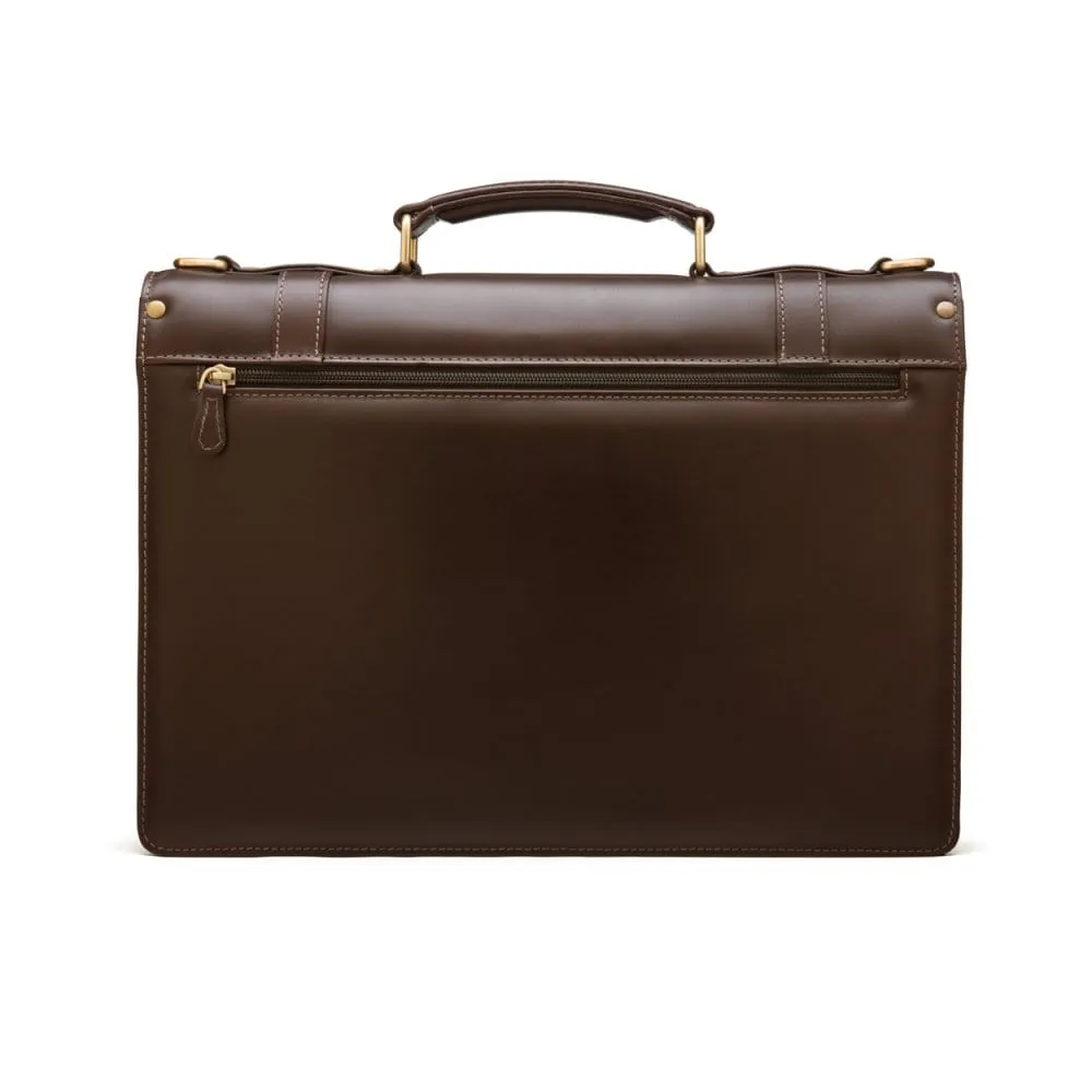 Traditional Leather Briefcase With Brass Lock - Brown