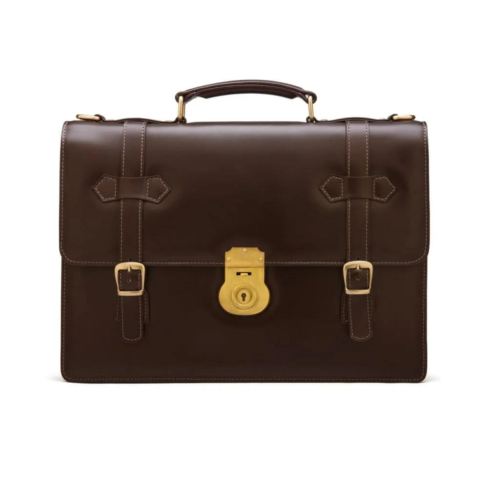 Traditional Leather Briefcase With Brass Lock - Brown
